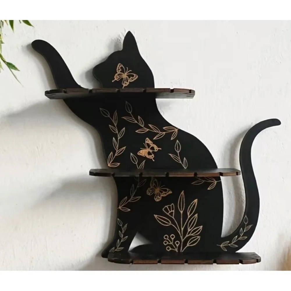 Black Cat Silhouette Wall Shelf Home Decor Black Crystal Display New